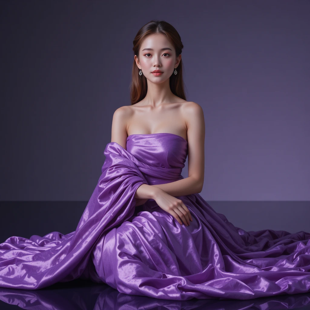 Femme coréenne confiante drapée de somptueuse soie violette