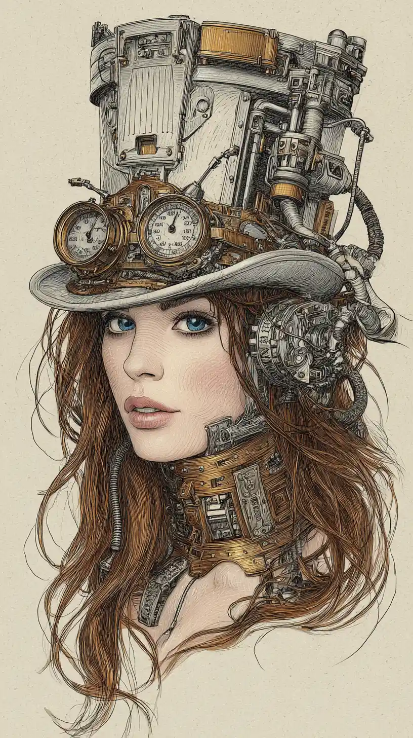 Steampunk-Frau mit mechanischem Körper und verziertem Zylinder