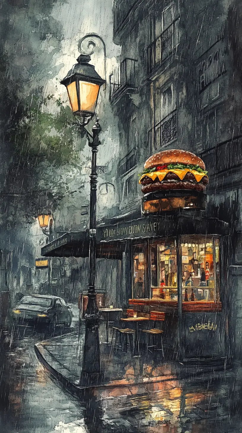 Aquarell-Burger an einer regnerischen Bushaltestelle in der Nacht