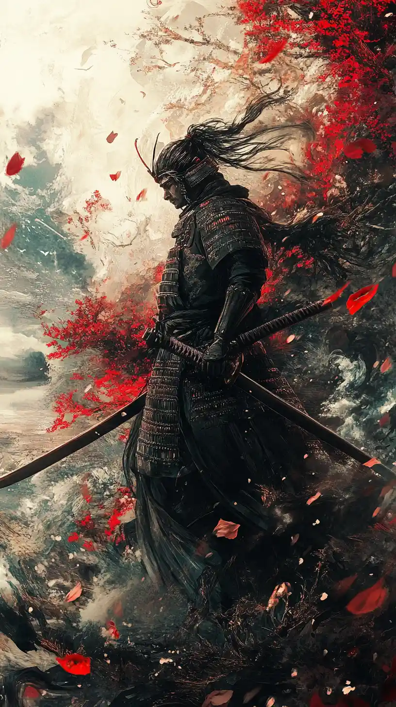 Samurai surreal em um mundo de fantasia sombria de conto de fadas