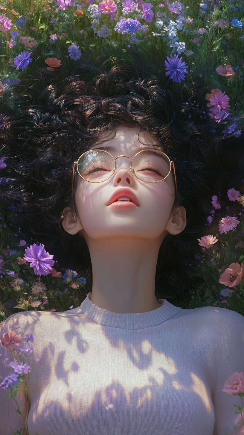 躺在發光花田中的動畫少女