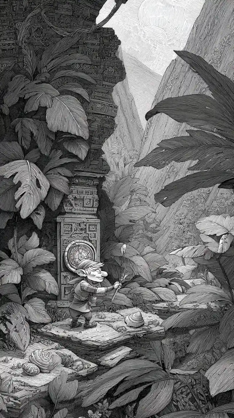 Gnome pirate explorant les ruines d’une île tropicale avec une boussole