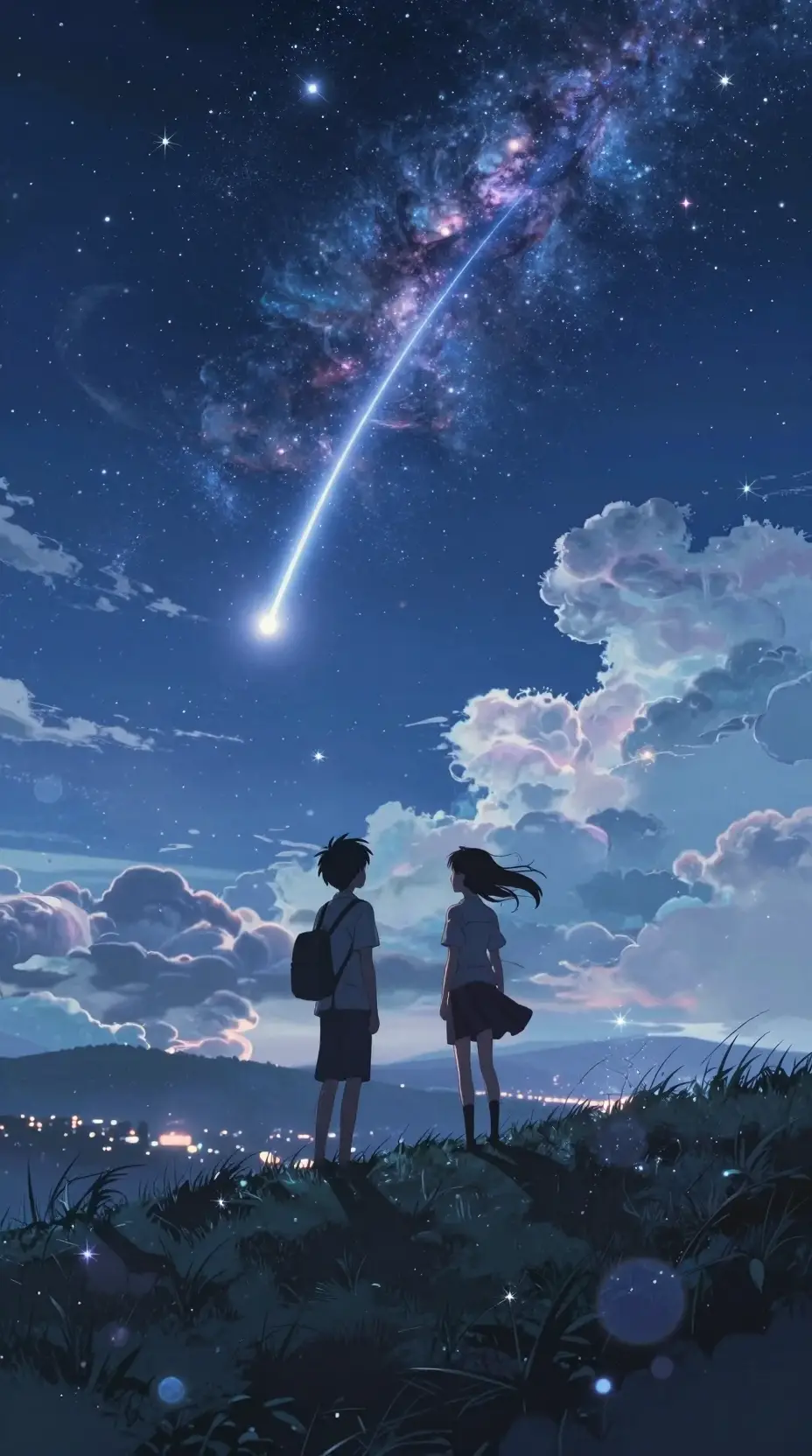 Two students on a hill under a swirling night sky