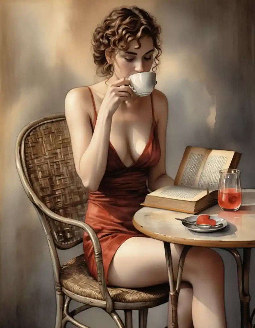 Woman Reading At A Vintage Style Watercolor Cafe Table