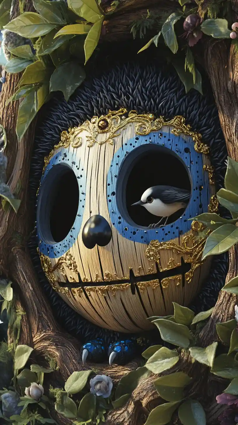 Máscara pop art em close-up em uma floresta de fantasia surreal