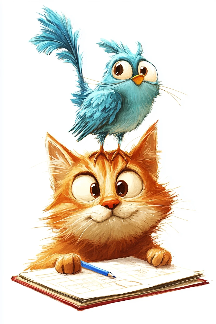 Cartoon blue bird on orange tabby cat taking notes