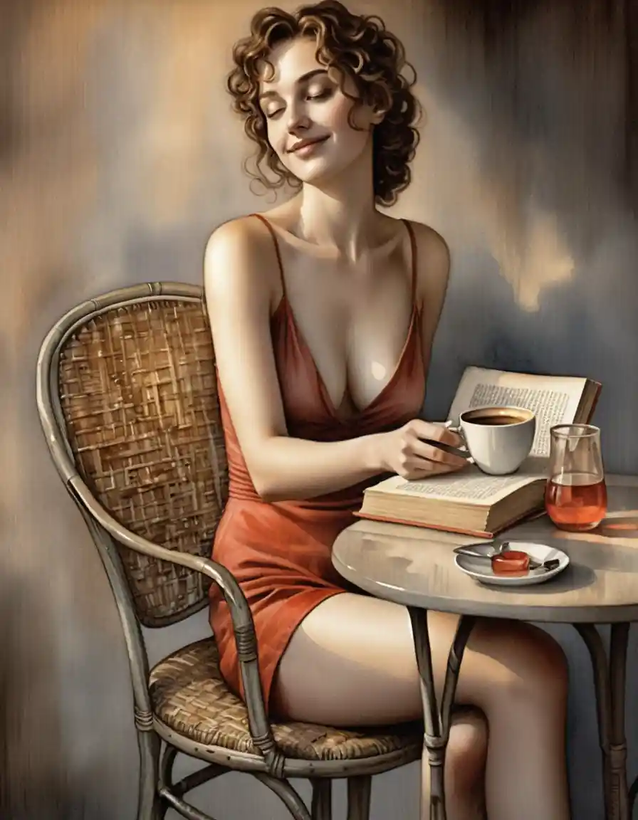 Donna che Legge a un Accogliente Tavolino da Caffè Vintage in Acquerello