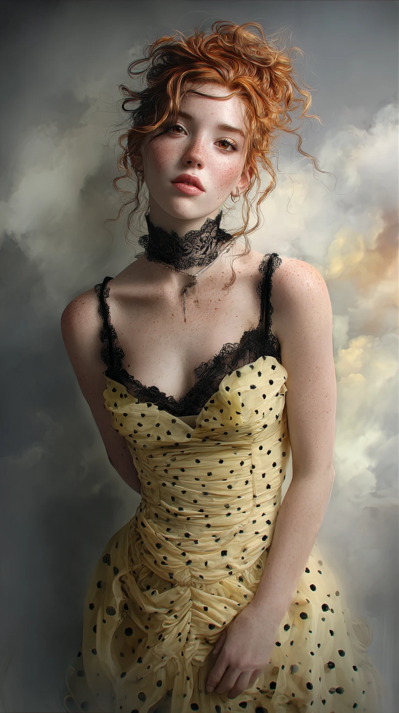 Femme rousse aux taches de rousseur en robe jaune sous un ciel brumeux