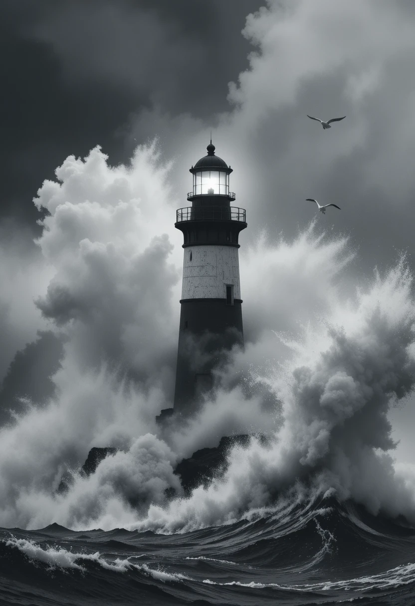 Farol solitário enfrentando imensas ondas de tempestade no mar