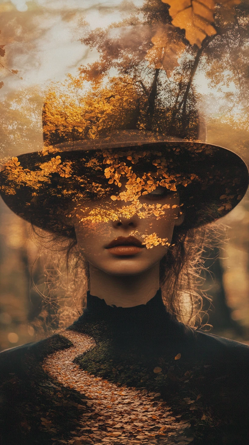 Mujer Surreal en Doble Exposición con Rostro de Bosque de Otoño