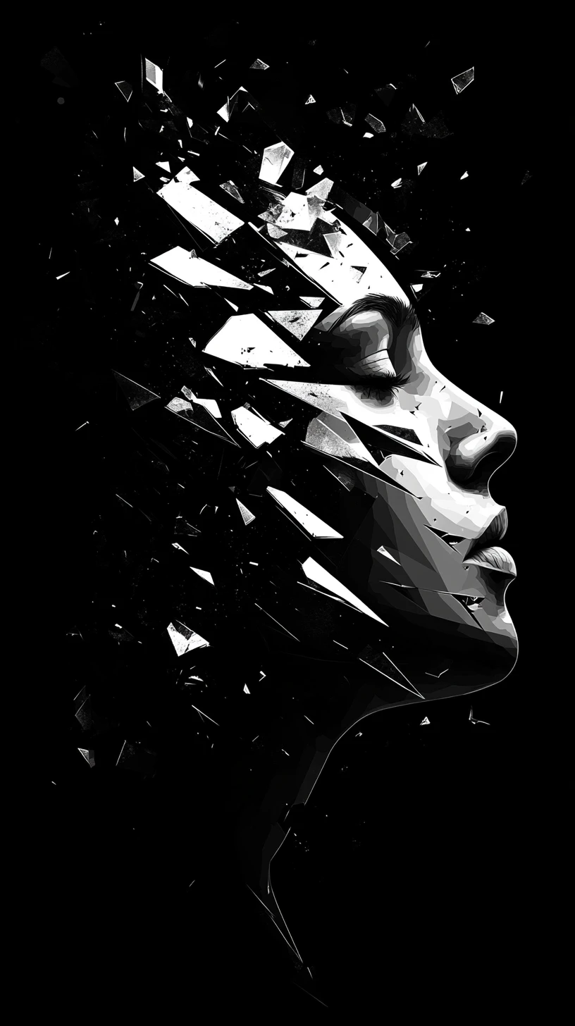 Fragmentierte menschliche Gesichtssilhouette im minimalistischen dunklen Vektorstil