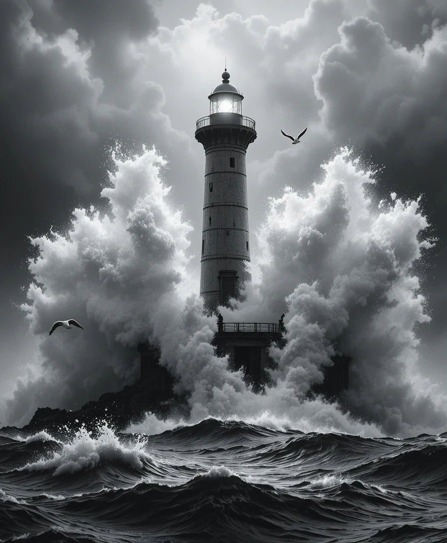 Solitary Lighthouse Battling Massive Waves In A Storm