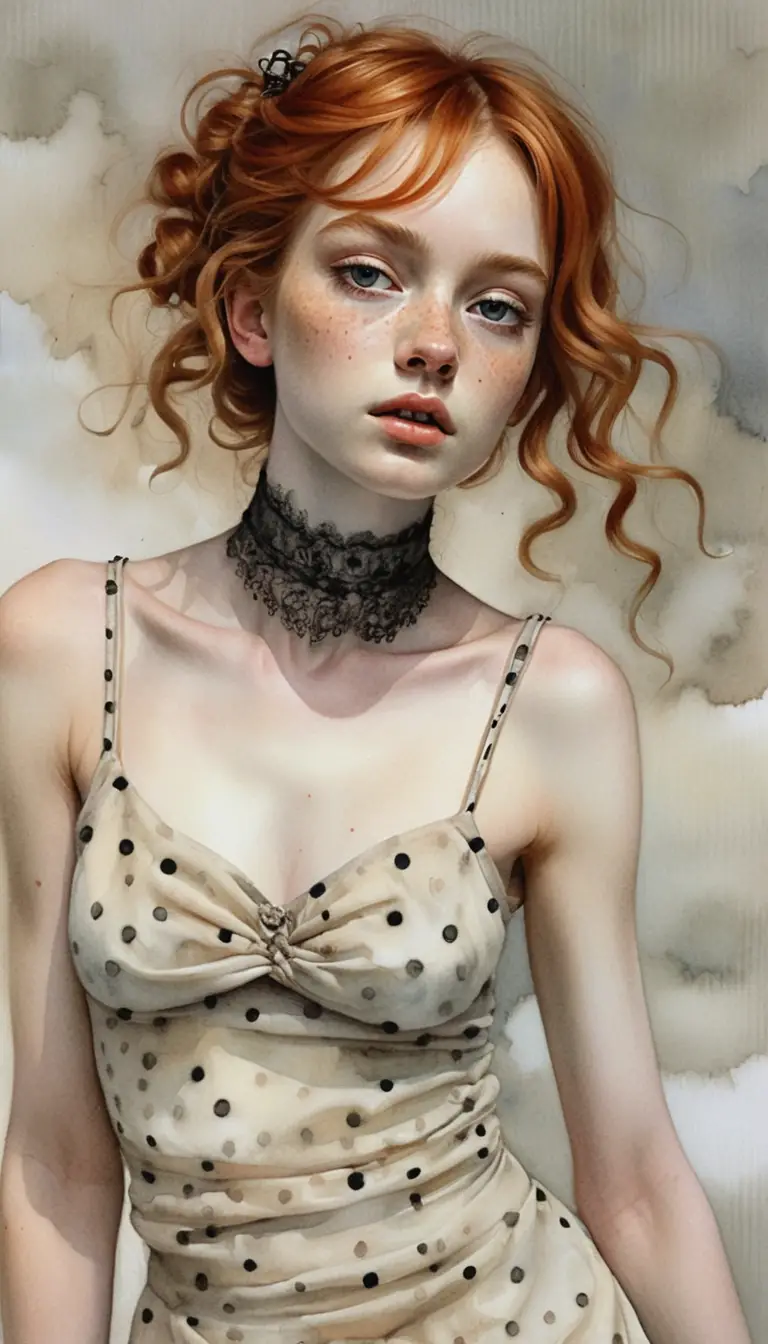 Jeune fille rousse et tachetée en robe jaune parmi de doux nuages