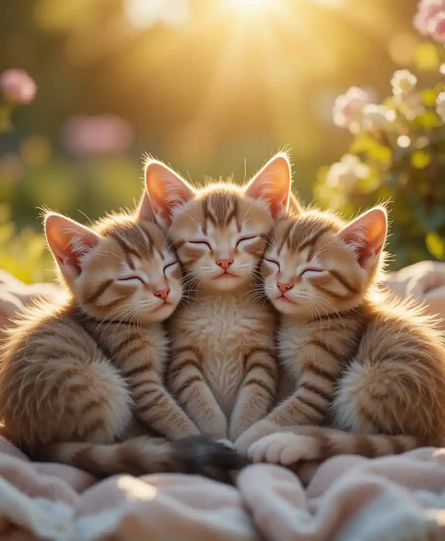 Trois chatons endormis blottis ensemble au soleil chaud