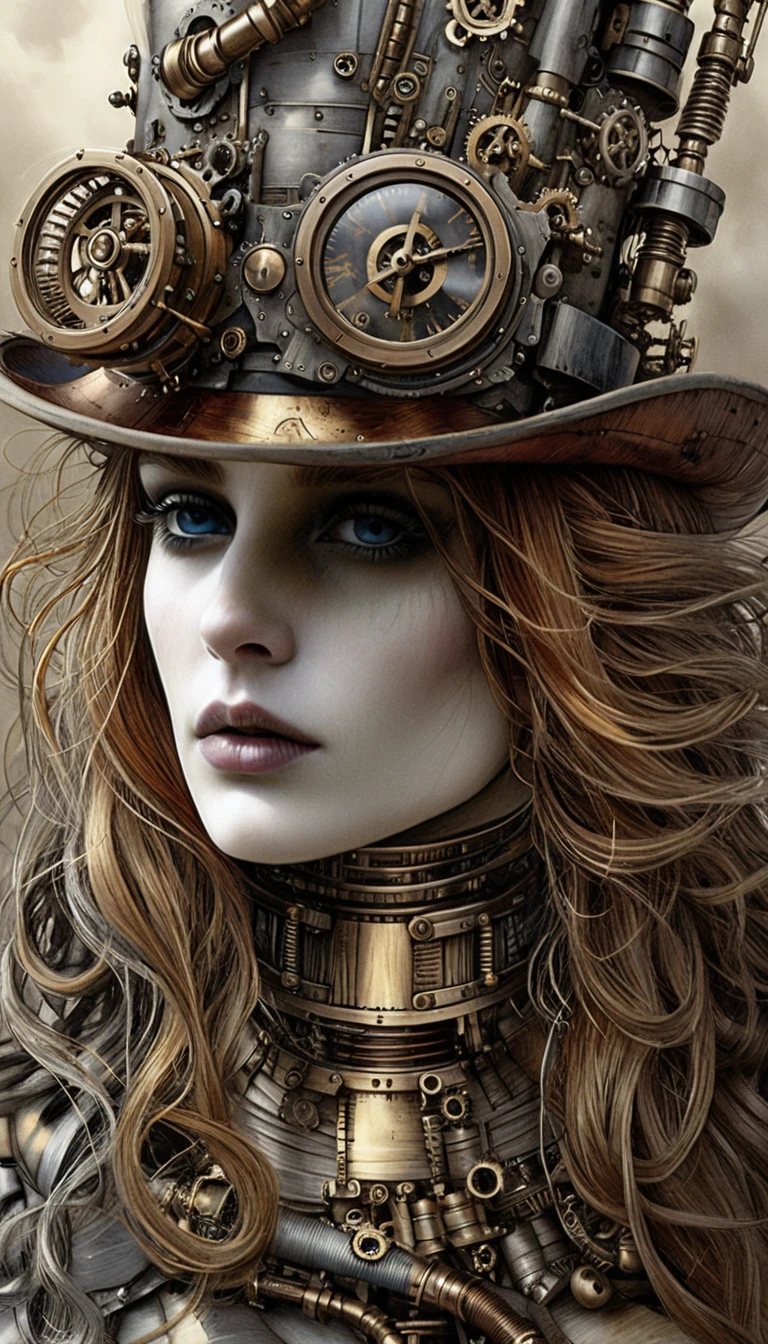 Steampunk-Cyborg-Frau mit verziertem mechanischem Zylinder