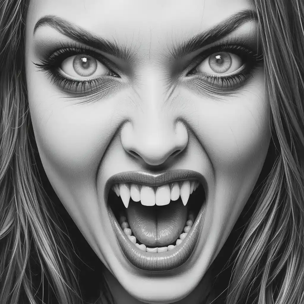 Vampire woman screaming in intense close up portrait