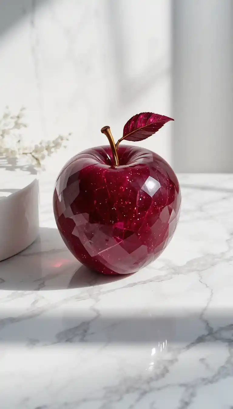 Edelstein-Apfel auf weißem Marmor im luxuriösen Stillleben