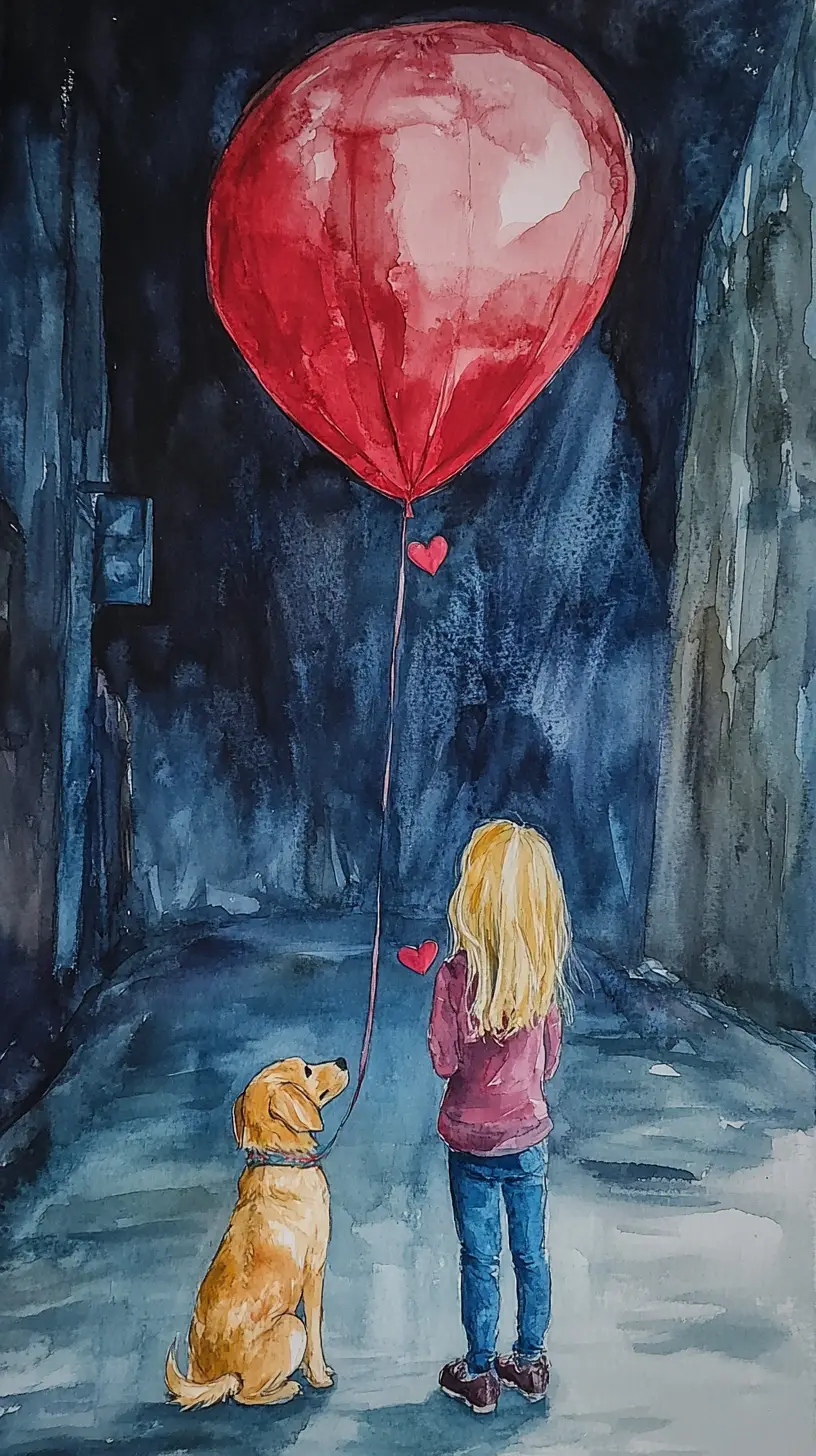 Blondes Mädchen mit ihrem Hund in einer Bergstadt unterwegs