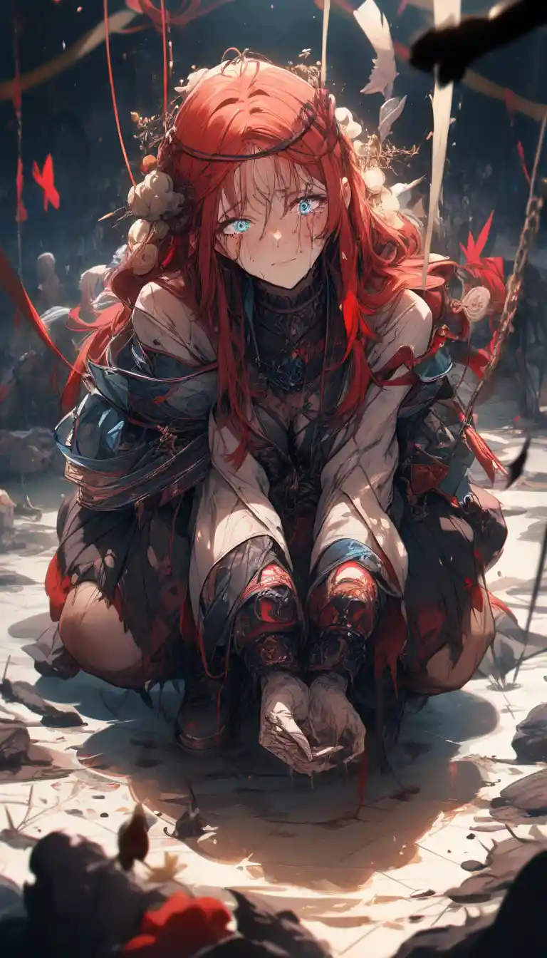 Princesa de anime quebrada chorando no interior caótico de um palácio