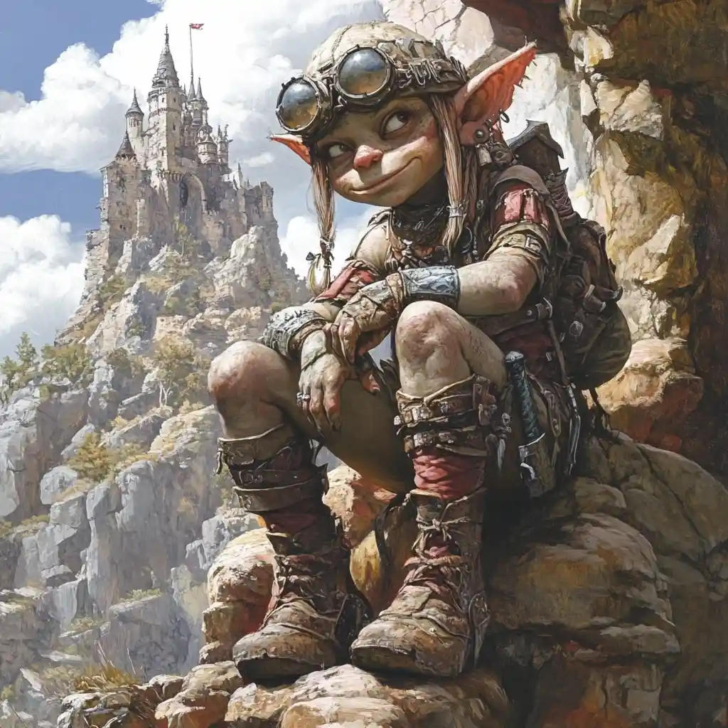 Rainha troll régia diante de um imponente castelo de pedra fantástico