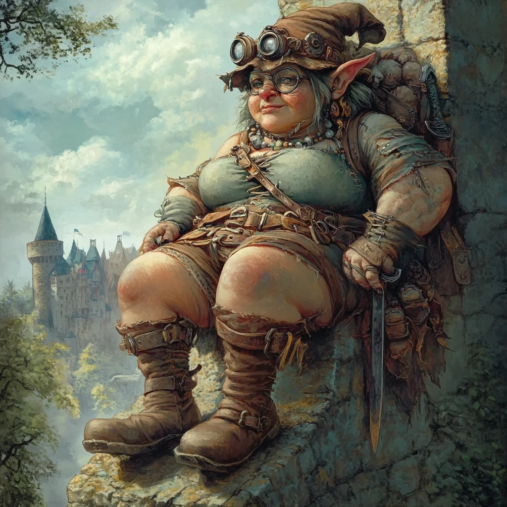Reine Troll Steampunk en Tunique de Cuir devant un Château de Pierre
