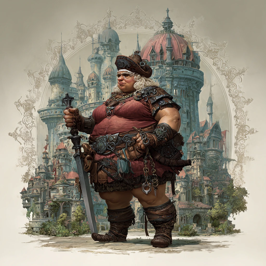 Reine troll royale en armure de cuir devant un château de pierre