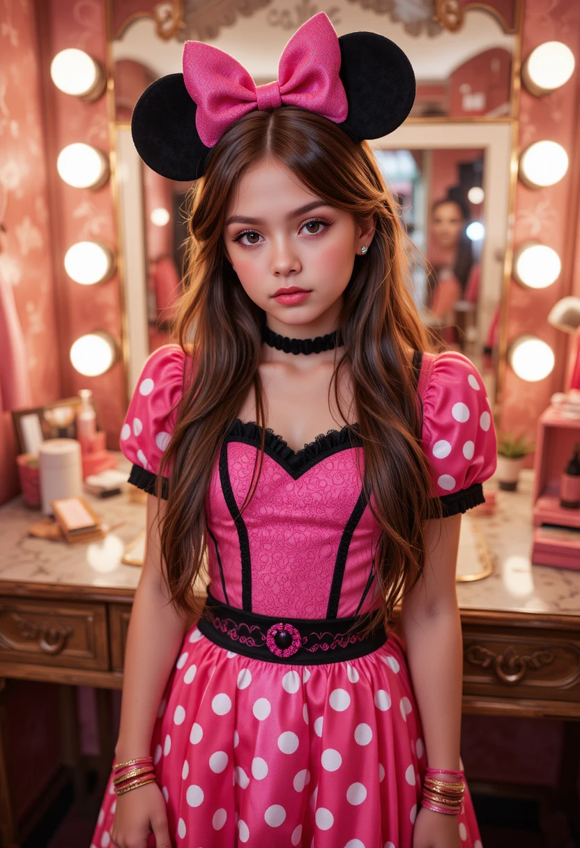 Nervous tween boy dressed as Minnie Mouse in boutique