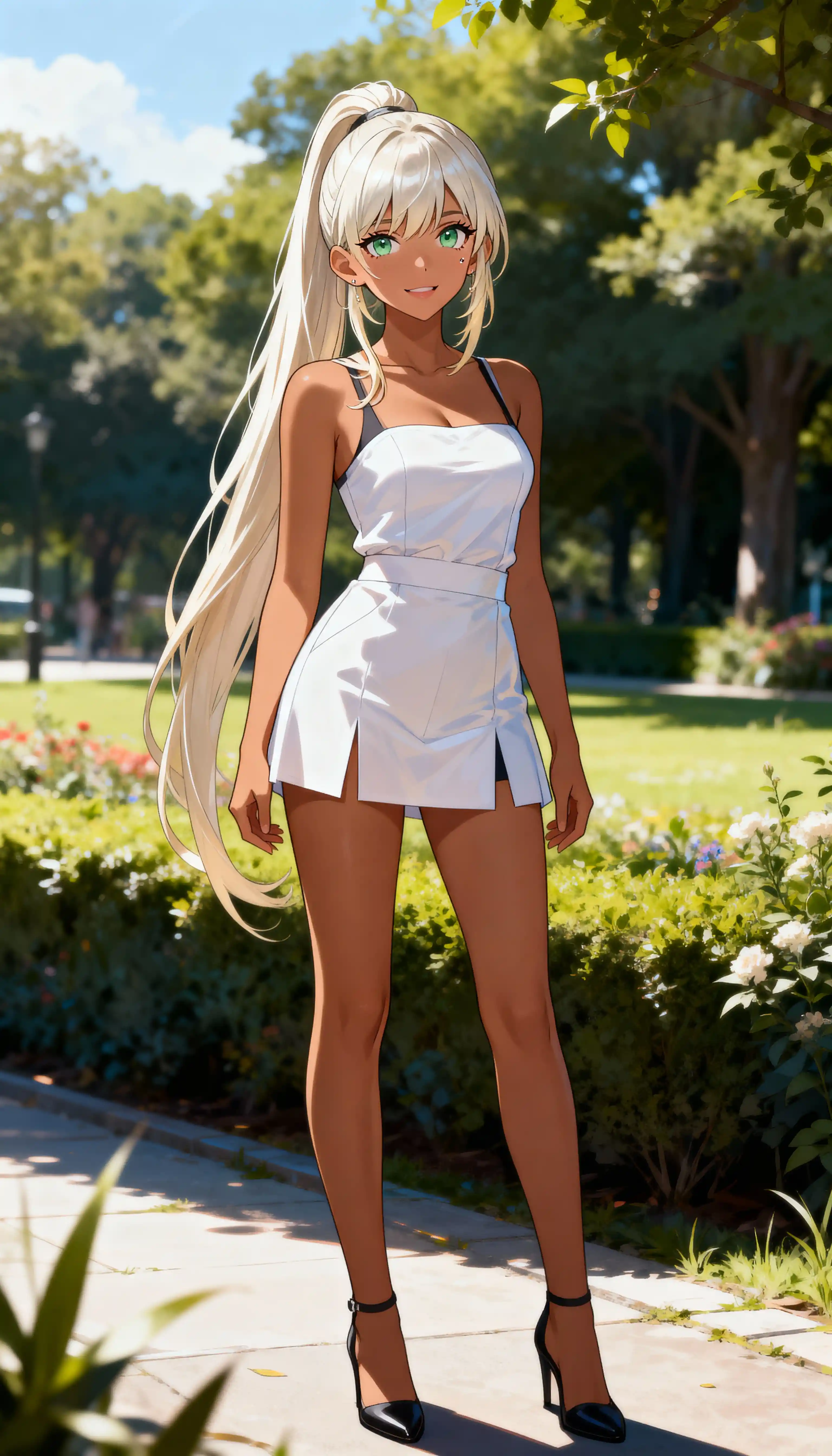 Anime woman standing outdoors in bright sunlit scene