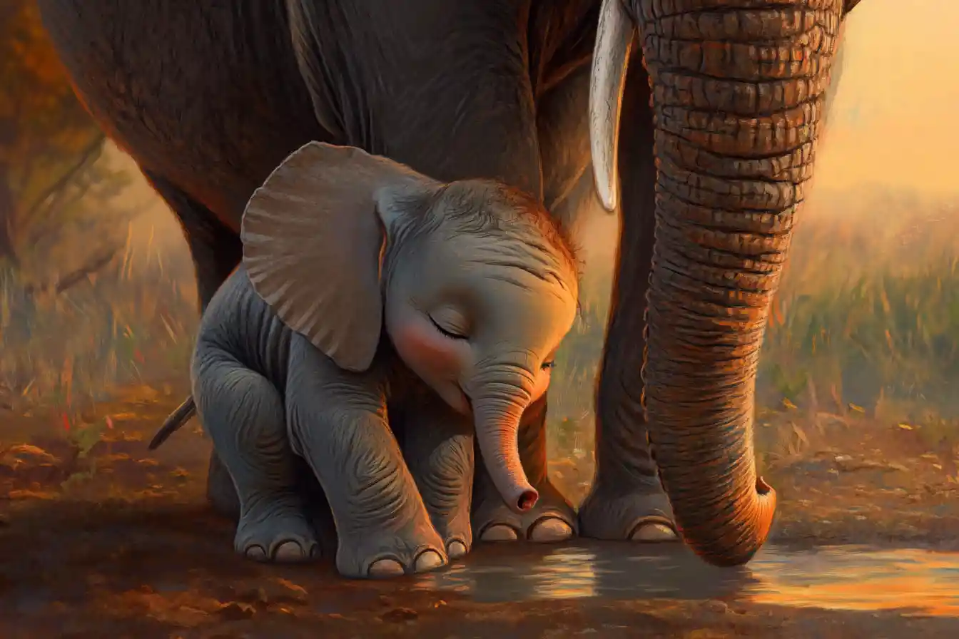 Bébé éléphant se reposant contre sa mère au point d’eau au coucher du soleil