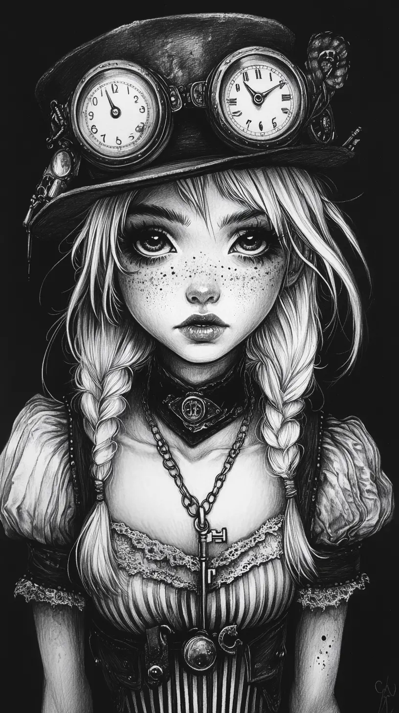 Gothic steampunk girl portrait in detailed pencil drawing