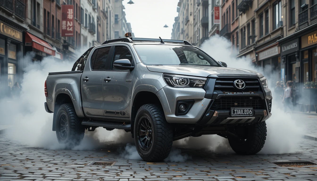 Toyota Hilux steampunk quemando llantas en una calle empedrada de la ciudad