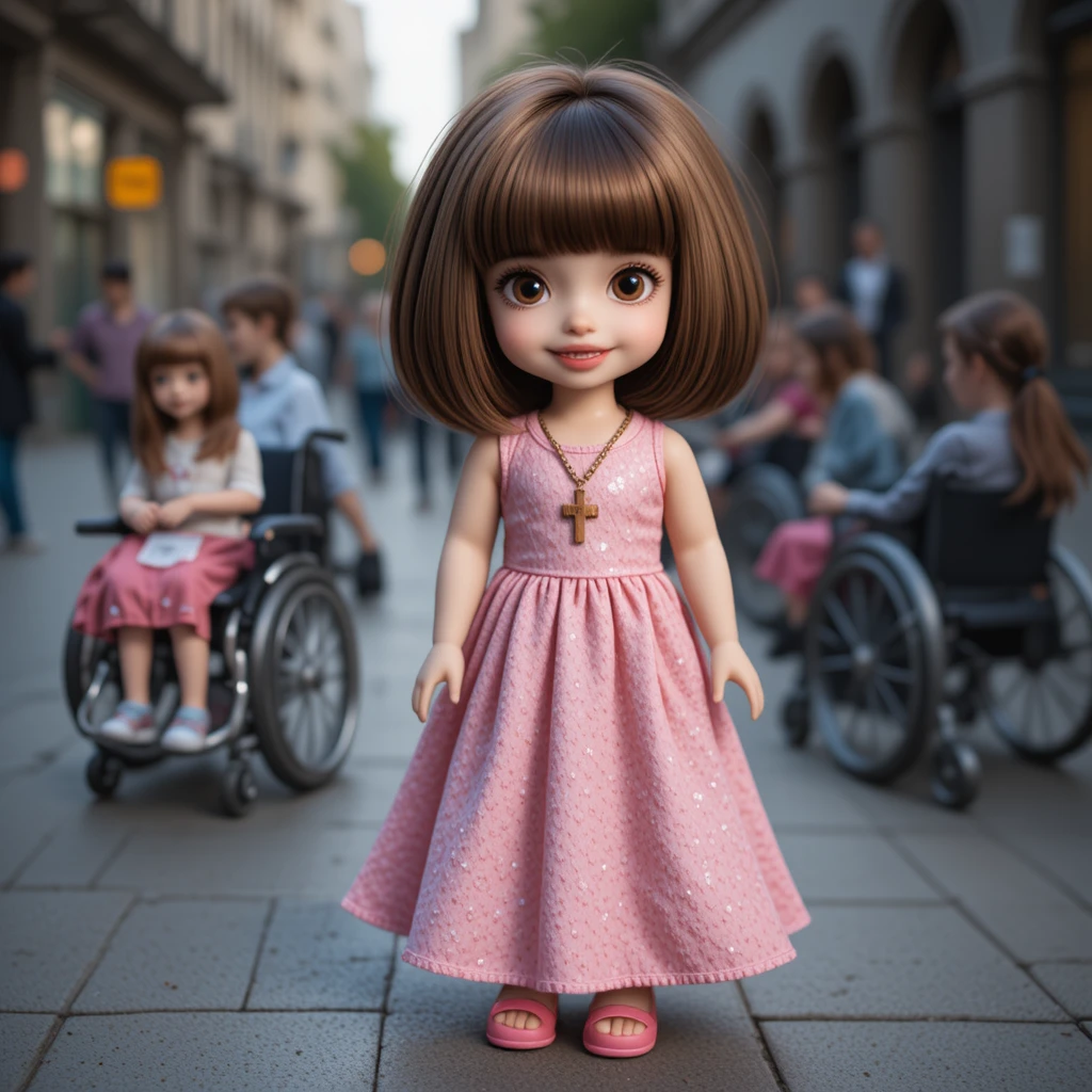 Boneca de vestido rosa em pé na calçada da cidade