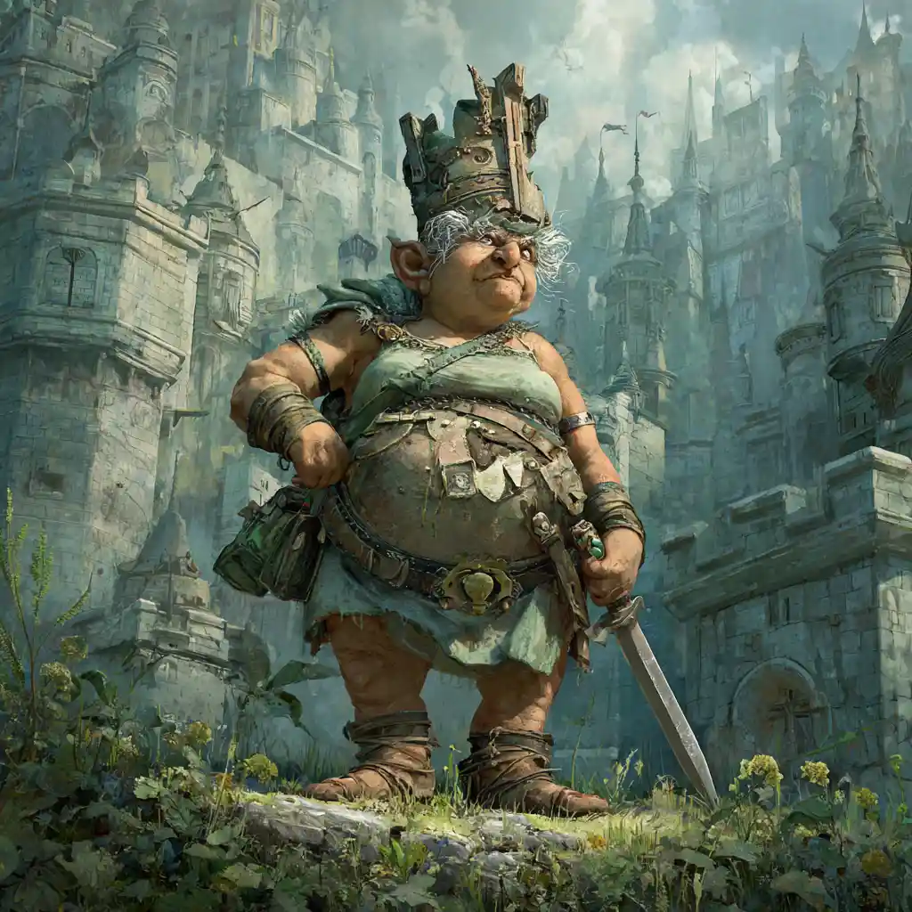 Reine troll royale en tunique de cuir devant un château de pierre