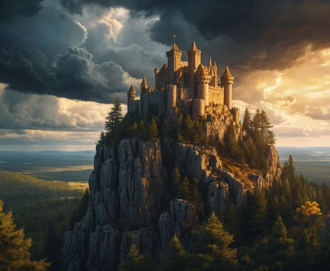 Château médiéval en pierre sur une falaise au coucher de soleil doré