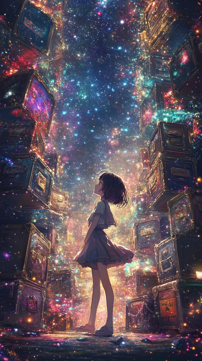 Anime girl dancing in a glowing fantasy realm of chests