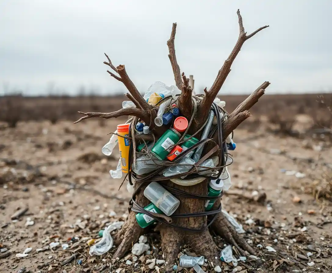 Plastic debris choking a dead tree in a barren landscape