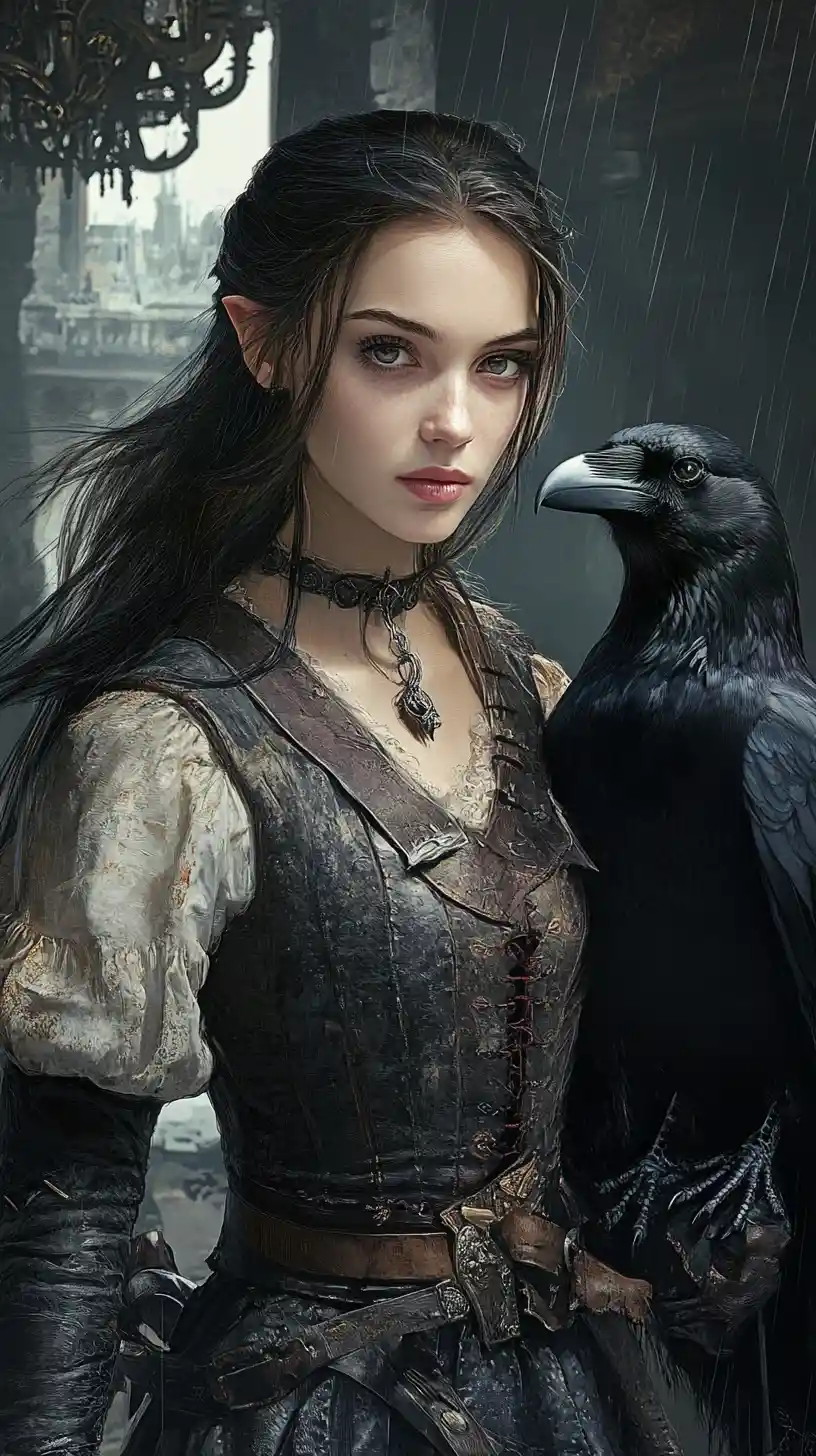 Guerrière avec corbeau devant une forteresse en ruines