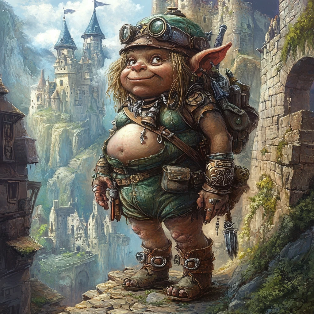 Reine troll royale en cuir devant un château de rochers