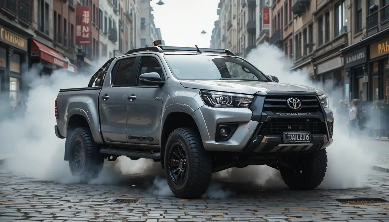 Toyota Hilux steampunk quemando llantas en una calle empedrada de la ciudad