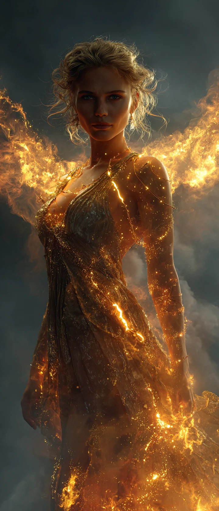 Mysterious woman rising from glowing golden storm