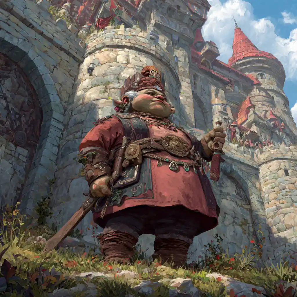 Reine troll royale en cuir devant un grand château de pierre