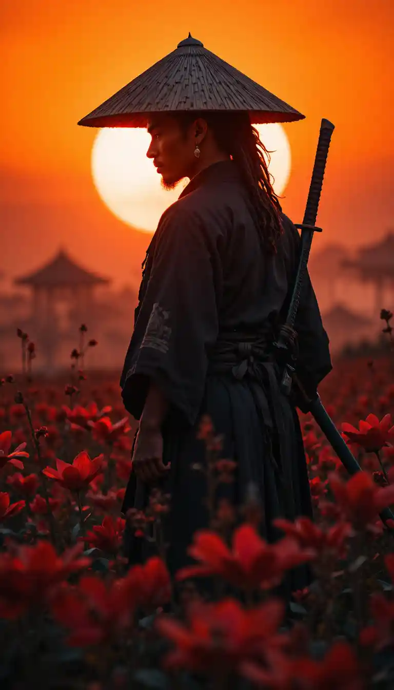 Samouraï afro solitaire en silhouette devant un coucher de soleil flamboyant