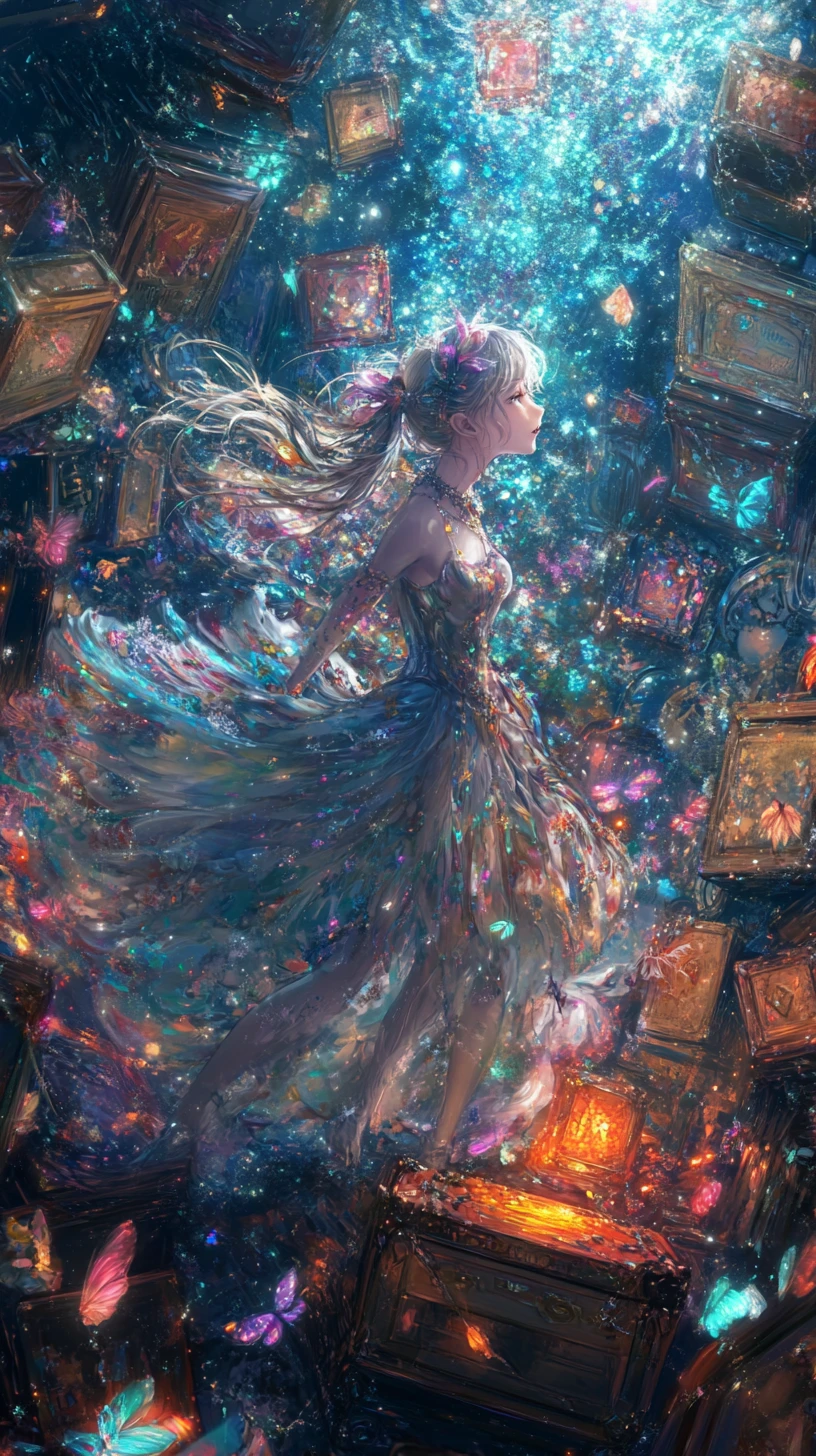Ragazza anime che danza in un regno fantasy caleidoscopico