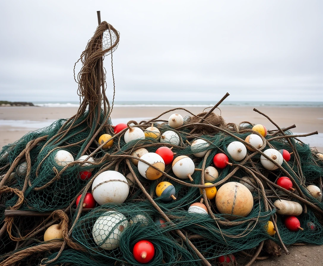 Engins de pêche abandonnés enchevêtrés sur une plage reculée et couverte