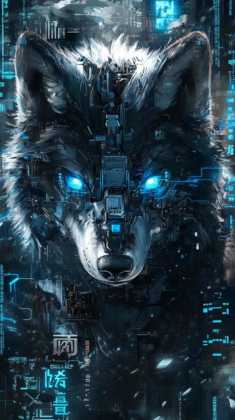 Cabeça de lobo cibernético em meio a uma tempestade caótica de dados em neon