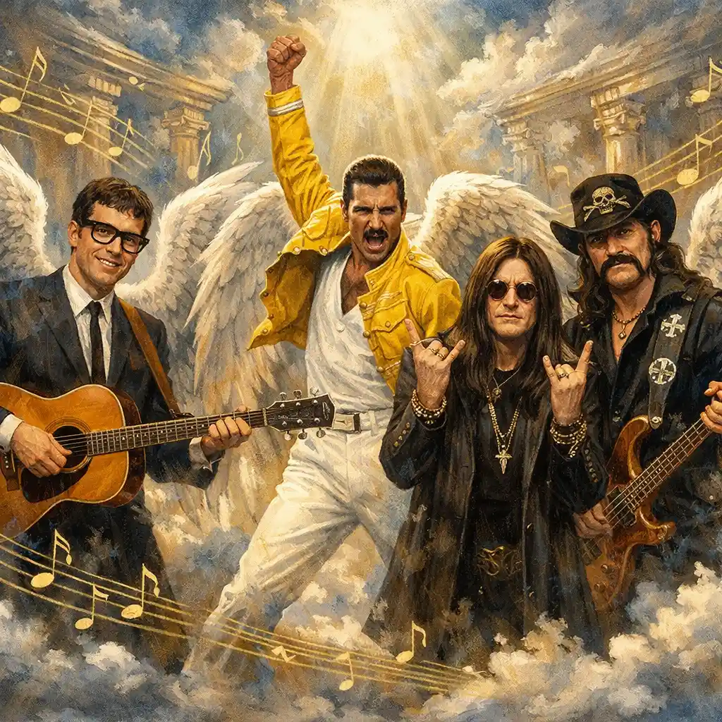 Legendary rock icons with angel wings on heavenly stage
