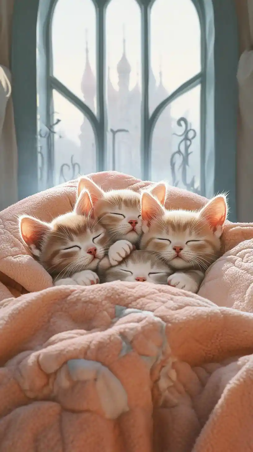 3匹の子猫のキャラクターが仲良くベッドで眠っているイラスト