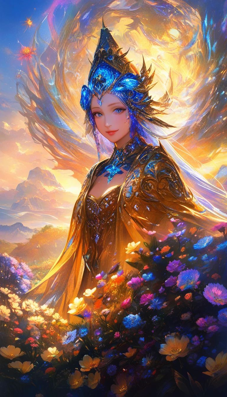 晴れた空の下で花柄の衣装を着て微笑む少女