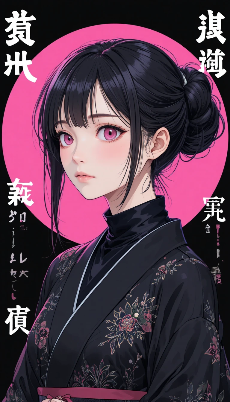 Garota de anime em quimono preto com círculo rosa brilhante