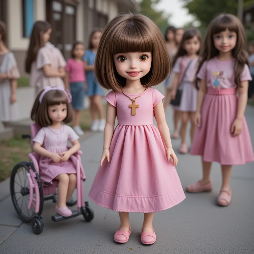 Boneca de vestido rosa em uma calçada de escola